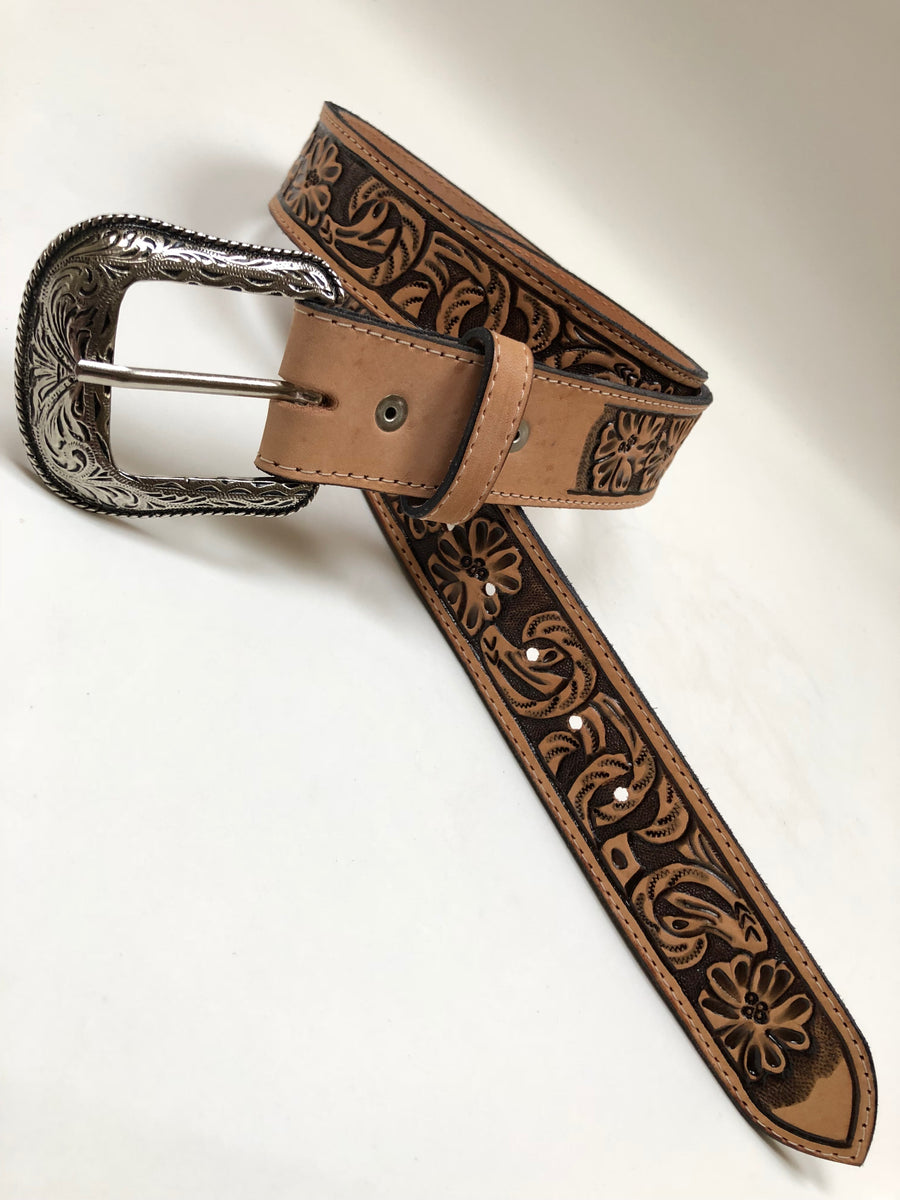 Men's Natural Leather Belt with Floral Tooling and Floral Silver