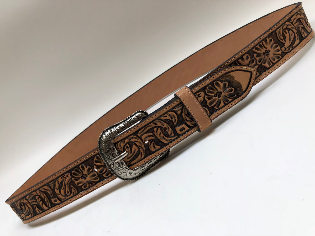 Men's Natural Leather Belt with Floral Tooling and Floral Silver