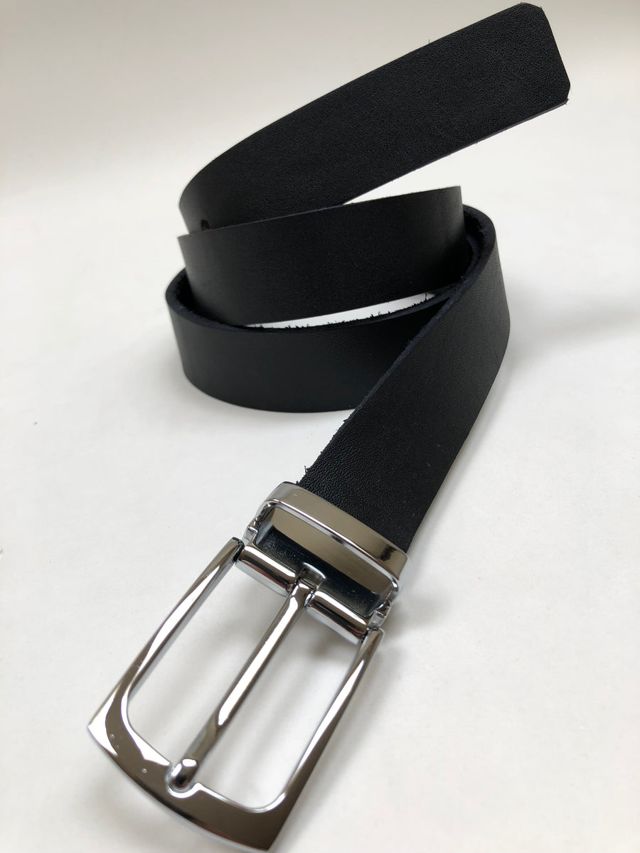 Men's Black Leather Belt with Silver Tone Buckle 34Z3 – JALZACHIH