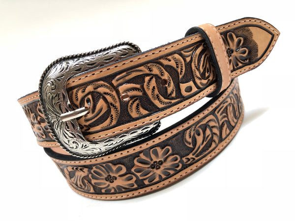 Men's Natural Leather Belt with Floral Tooling and Floral Silver Tone Buckle 42A2