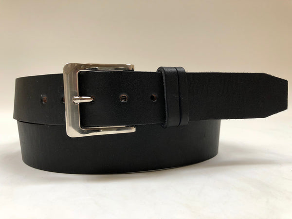 Men's Black Leather Belt with Smooth Silver Tone Buckle 42A4
