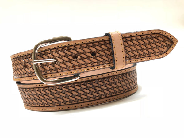 Men's Natural Basket Weave Leather Belt with Silver Tone Buckle 38A5