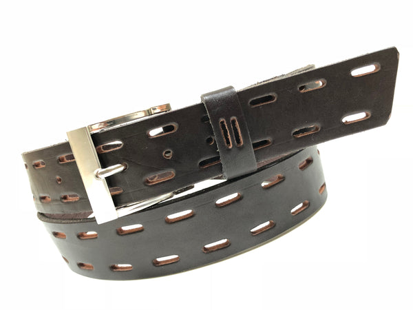 Men's Dark Brown Leather Belt with Silver Tone Buckle 38A7