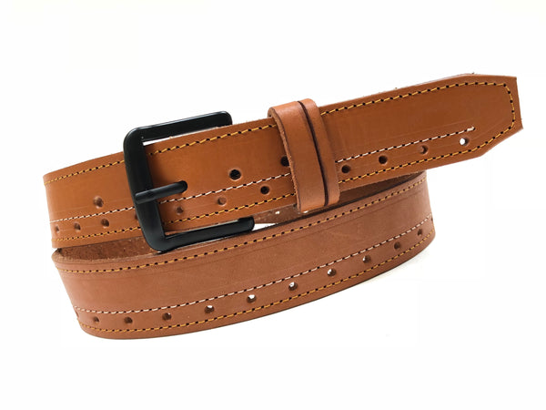 Men's Tan Leather Belt with Black Buckle 38A12