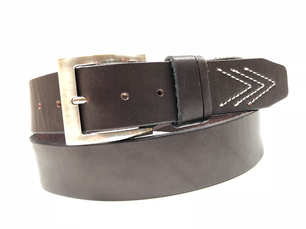 Men's Dark Brown Leather Belt with White Stitch Design 36A1