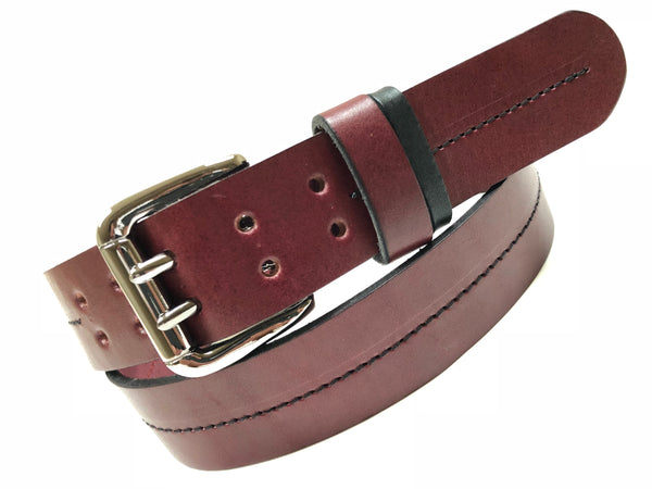 Men's Burgundy Leather Belt with 2 Prongs and Silver Tone Buckle 36A9