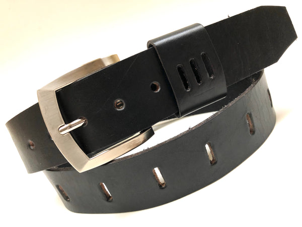 Men's Black Leather Perforated Belt with Silver Tone Buckle 34A3