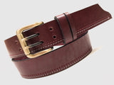 Men's Burgandy Leather Belt with 2 Prongs Antique Brass Tone Buckle 34A4