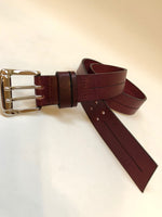 Men's Burgundy Leather Belt with 2 Prongs Silver Tone Buckle 30A1
