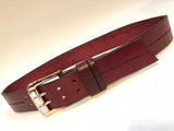 Men's Burgundy Leather Belt with 2 Prongs Silver Tone Buckle 30A1