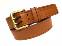 Men's Tan Leather Belt With 2 Prongs Gold Brass Buckle 30A2