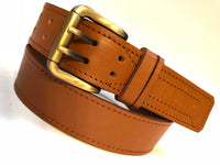 Men's Tan Leather Belt With 2 Prongs Gold Brass Buckle 30A2