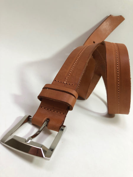 Men's Natural  Leather Belt with Brown Stitching B2354