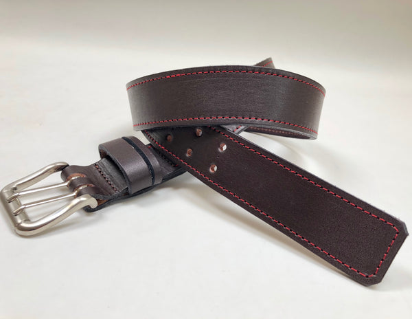 Men's Dark Brown Leather Belt with Red Stitching B1454