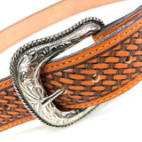 Men's Tan Leather Basket Weave Belt with Silver Tone Buckle 38A13
